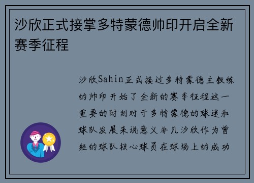 沙欣正式接掌多特蒙德帅印开启全新赛季征程